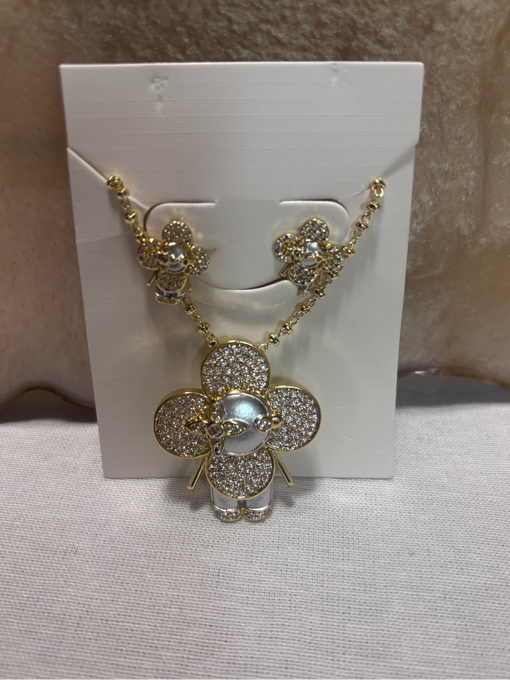Gold Crystal Flower Pendant Necklace and Earrings Set